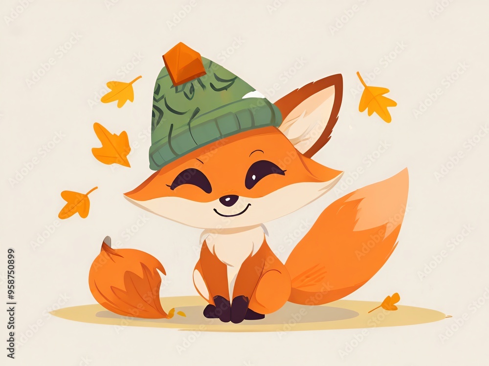 Sticker cute fox with autumn leaves