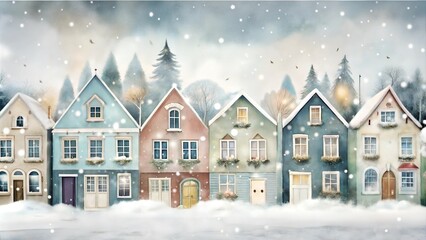 Fototapeta premium Charming row of colorful houses in snowy landscape with falling snowflakes