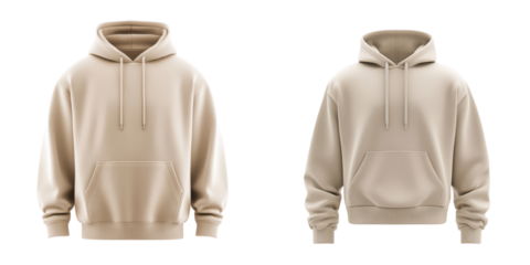 Two stylish beige hoodies displayed side by side isolate on transparent background, cutout, png