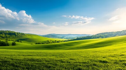 Fototapeta premium Tranquil Countryside Landscape with Rolling Green Hills and Soft Cloudy Sky