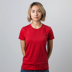 Obraz premium A young woman with short, light brown hair wearing a red t-shirt, standing confidently against a neutral background.