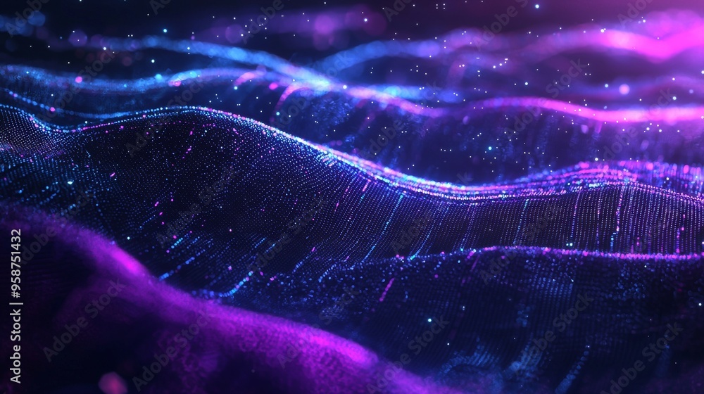 Poster abstract digital background with flowing waves of purple and blue light, creating a mesmerizing and 