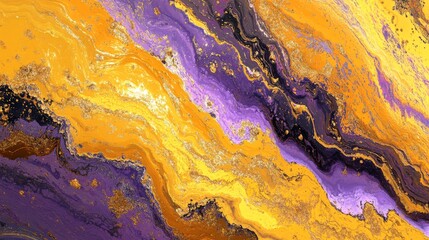 Abstract fluid art painting with vibrant yellow, purple, and orange swirling patterns, perfect for modern decor and design projects.