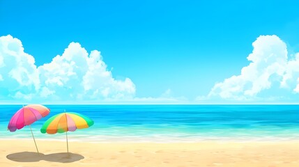 Serene Tropical Beach Scene with Vibrant Colorful Umbrellas and Clear Blue Sky