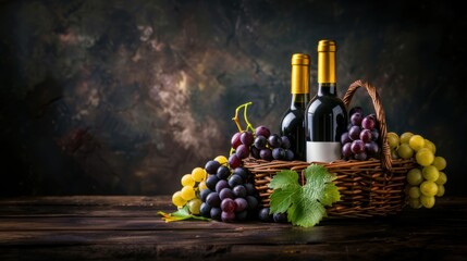 Fototapeta premium Fresh grape, grape wine bottle over texture background