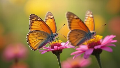 Fototapeta premium Two butterflies are sitting on a pink flower