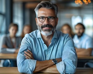 Obraz premium The confident business leader in a modern boardroom surrounded by an attentive team discussing strategic plans for the company s growth