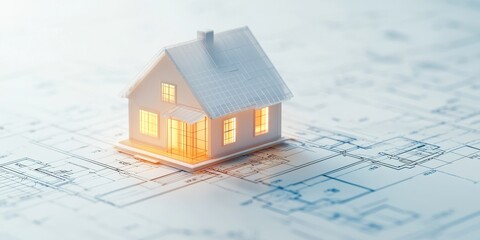 A model house placed on a blue architectural blueprint, symbolizing construction and design concepts in real estate development.