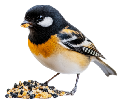 A beautiful bird foraging for food in winter, cut out - stock png.