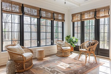 Sunroom with white walls, black windows, and tan furniture. Large windows with woods view, area rug on natural wood floor, and wicker armchair.
