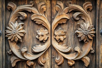 Intricate Wood Carving of Floral Motifs on an Aged Wooden Door