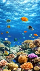 A vibrant coral reef is alive with colorful fish swimming among diverse corals, viewed from beneath the clear blue water, emphasizing the beauty of marine life and underwater ecosystems