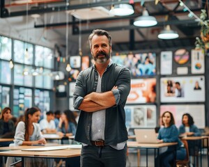 Obraz premium Confident Business Leader Addressing Employees in Open Plan Office with Motivational Posters