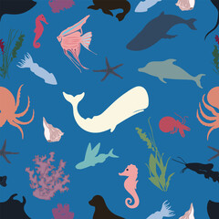 Silhouettes of sea creatures, seamless pattern