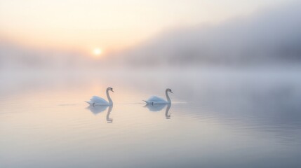 Misty Morning Swans