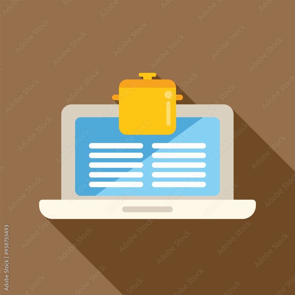 Poster online cooking class concept with a laptop displaying a list of instructions and a cooking pot icon