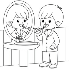 Cute Boy Brushing Teeth Outline Coloring Page