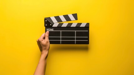 Naklejka premium A hand holding a black and white clapperboard on a bright yellow background.