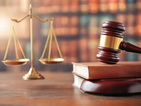 gavel resting on legal books with scales of justice in the background, symbolizing law and fairness.
