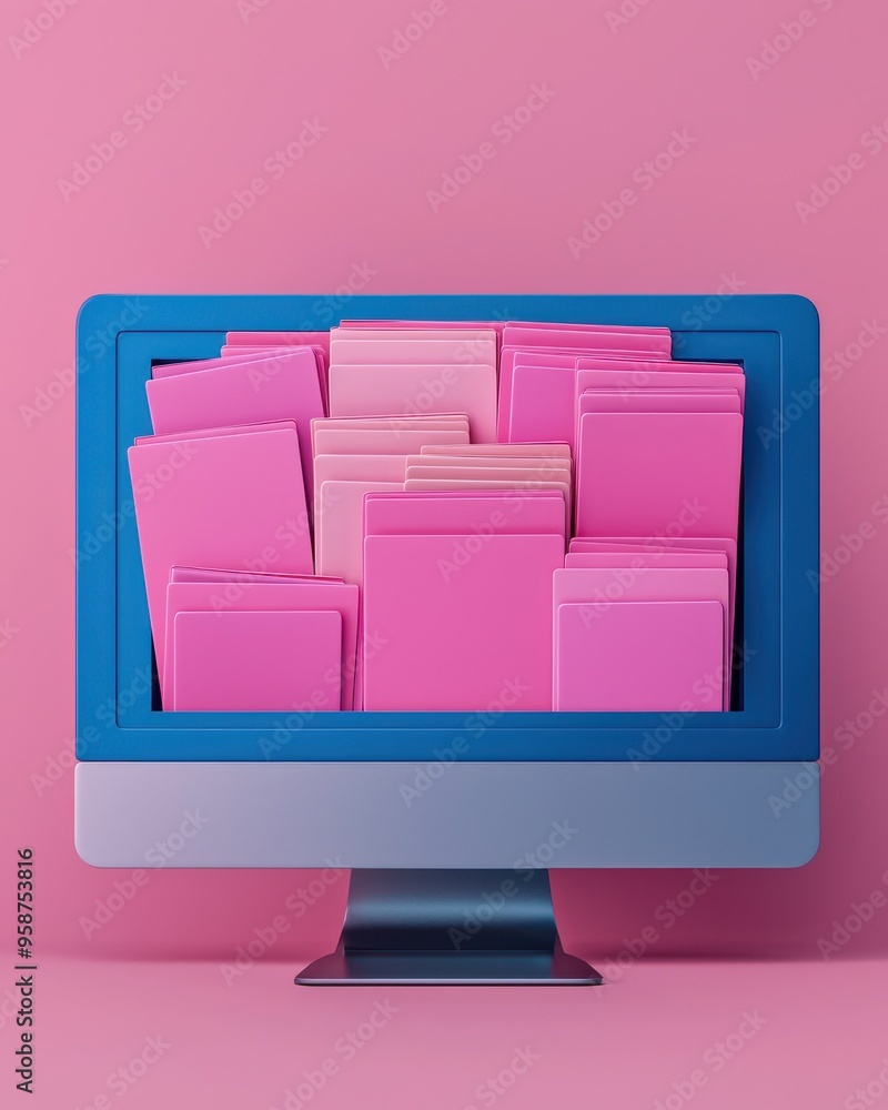 Poster a vibrant computer monitor displaying colorful files against a pink background, ideal for digital or