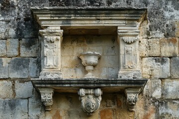 Stone Niche with Carved Ornate Cup on a Weathered Wall