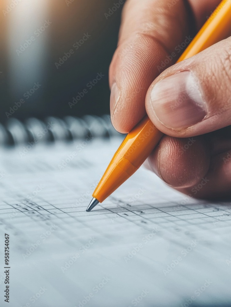 Poster hand holding a yellow pen, writing on a notepad with visible notes and grids, capturing a moment of 