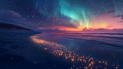 Fototapeta premium A magical night with fireflies and glowing sand on a beach, under a brilliant display of stars and northern lights