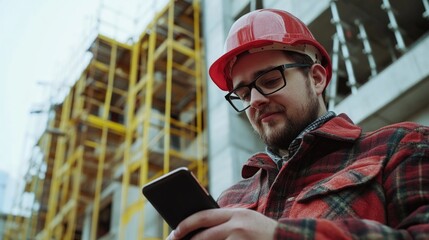 Construction Worker Focused on Phone