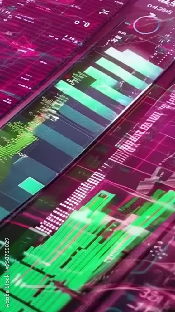 Poster abstract view of data on a screen showing information, numbers, and lines in a purple and white colo
