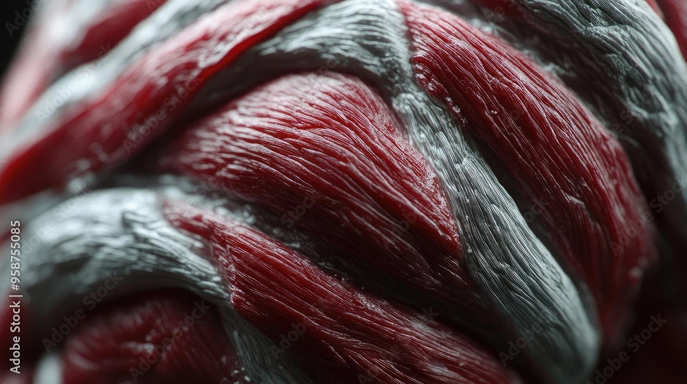 Poster close-up of detailed muscle texture, showcasing intricate patterns in gray and red tones, perfect fo