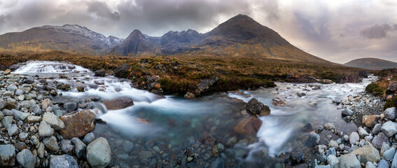 Fairy pools during rainy day. Waterfalls in Scotland. Isle of Skye on Scotland