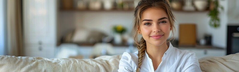 Naklejka premium Smiling woman sitting on a couch with her arms crossed, portrait, banner, copy space