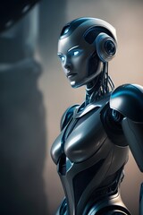 A modern robot stands out against a atmospheric backdrop, with ambient occlusion enabled to accentuate its metallic contours and sharp, reflective surfaces,copy space.