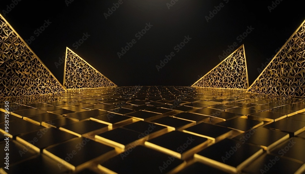 Poster abstract gold geometric shapes with a pattern of flower shapes and shiny surface.