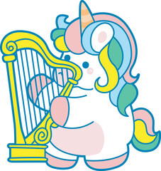 Illustration of cute unicorn activities icon.
Funny rainbow unicorn daily routine stickers.