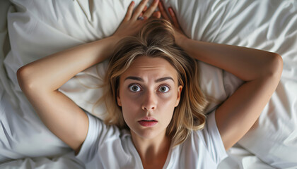 Fototapeta premium Shocked young woman wakes up with anxiety
