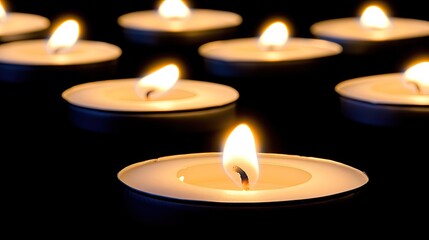 Candles burn steadily, their flames dancing in the dark, casting soft light that enhances the tranquil environment filled with warmth and solemnity