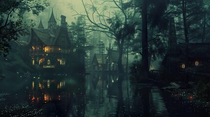 Fototapeta premium A small village nestled in a misty forest with a river flowing through it. The buildings are lit up, creating a warm glow in the otherwise dark and mysterious setting.