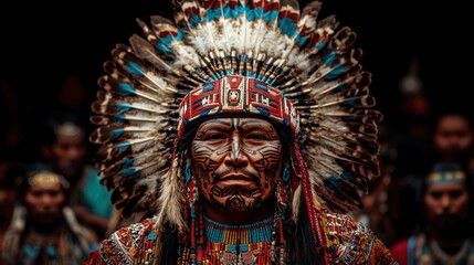 Obraz premium The close-up captures a person adorned in an indigenous costume, highlighted by a striking feathered headdress and intricate facial designs.