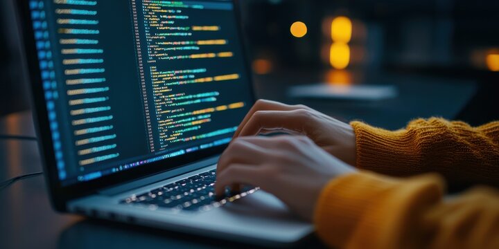 An individual types code on a laptop, illuminated by colorful screen lights in a modern workspace, showcasing programming skills.