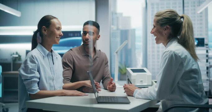 Female Doctor Consults a Couple in Hospital Office, Discussing Medical Diagnostics and Treatment Options. Couple Talking with Physician, Expert about ivf, parenthood, psychological issues.