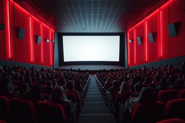 Fototapeta premium Audience Watching a Movie in a Dark Theater with Red Seats and a Blank Screen