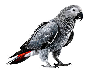 Naklejka premium African grey parrot in full body stance, contrast against pristine white background, feather texture in sharp focus, vibrant grey tones stand out, natural posture captured