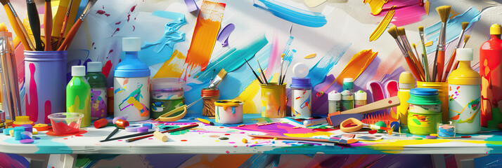 Naklejka premium The Arts & Crafts Chaos: A colorful explosion of paint, paper, and glue covers every inch of a small table, tools and half-finished projects strewn about.