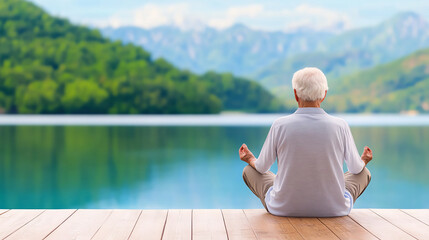 Fototapeta premium A serene elderly man practices meditation by a tranquil lake, surrounded by autumn trees, promoting calmness and mindfulness for longevity aging