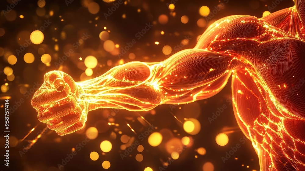 Poster a dynamic close-up of a powerful muscle arm, glowing with vibrant energy and surrounded by shimmerin