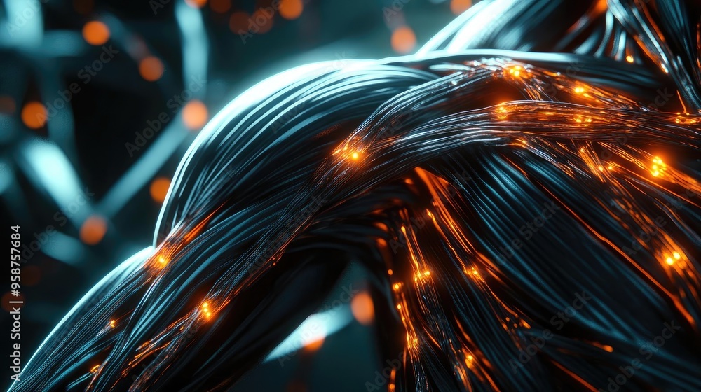Poster abstract close-up of glowing cables intertwined with vibrant lights, showcasing futuristic technolog