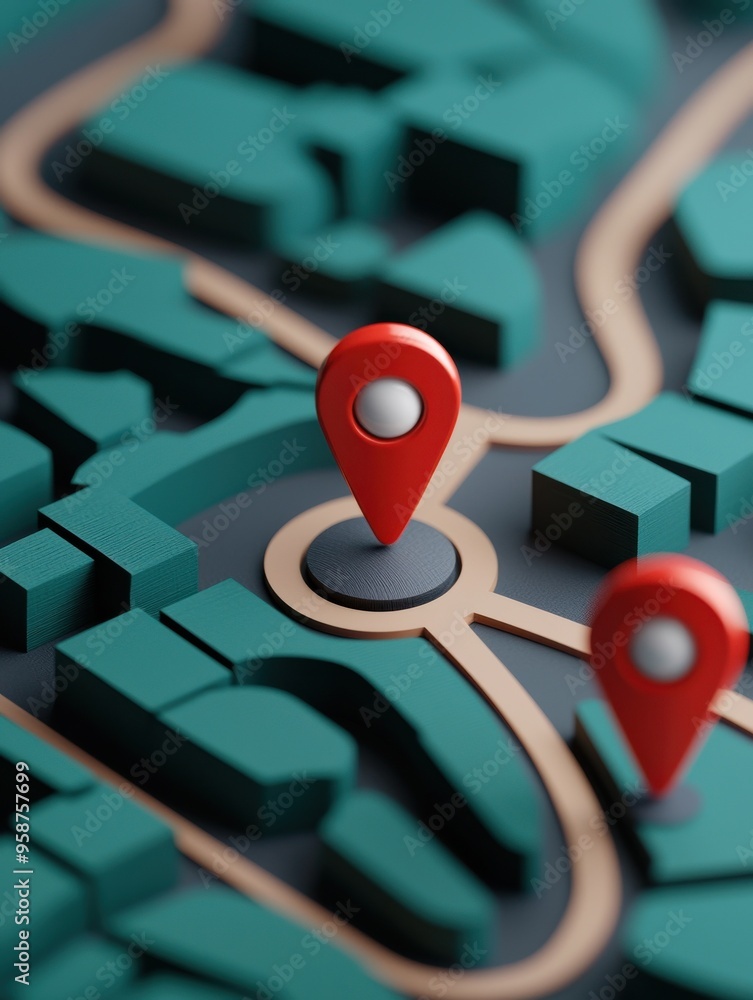 Poster stylized map with vibrant green blocks and red location pins highlighting points of interest.