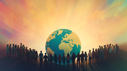People holding hands around the Earth illustration, global unity and peace concept