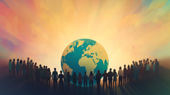 People holding hands around the Earth illustration, global unity and peace concept